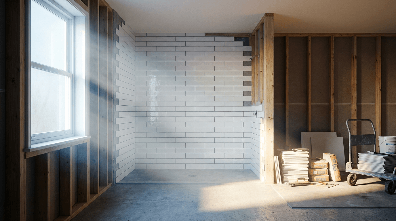 Newly renovated bathroom with subway tile and modern vanity