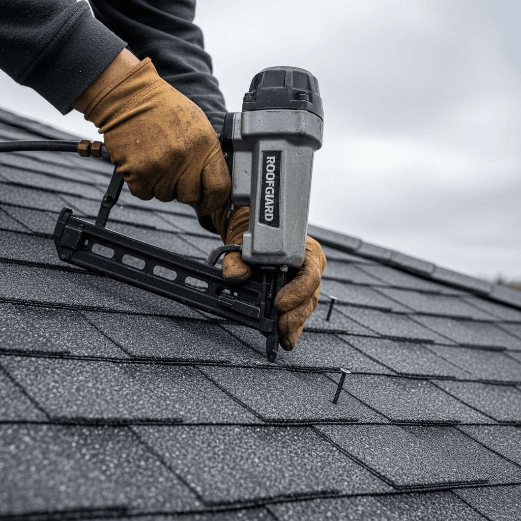 Contractor installing roofing shingles on residential home