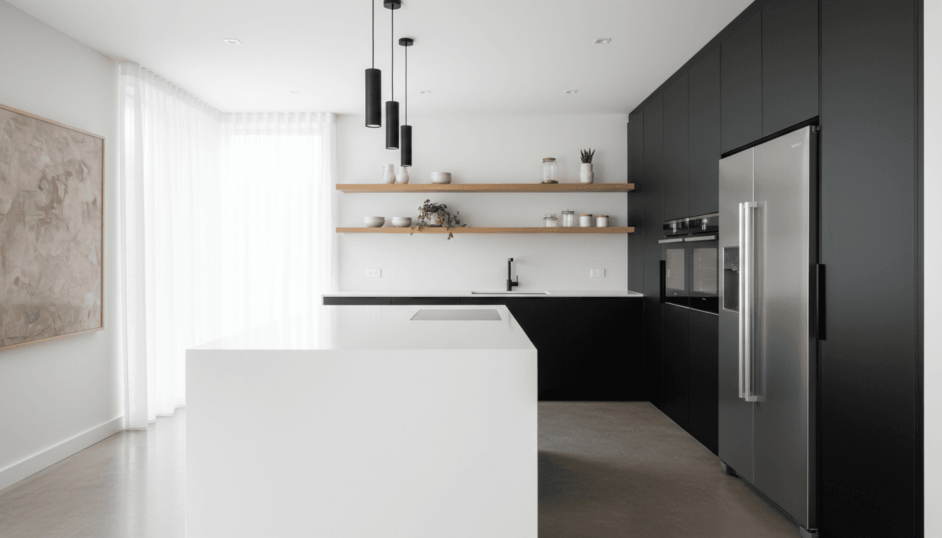 Satisfied homeowner admiring a newly remodeled kitchen with modern cabinetry and countertops