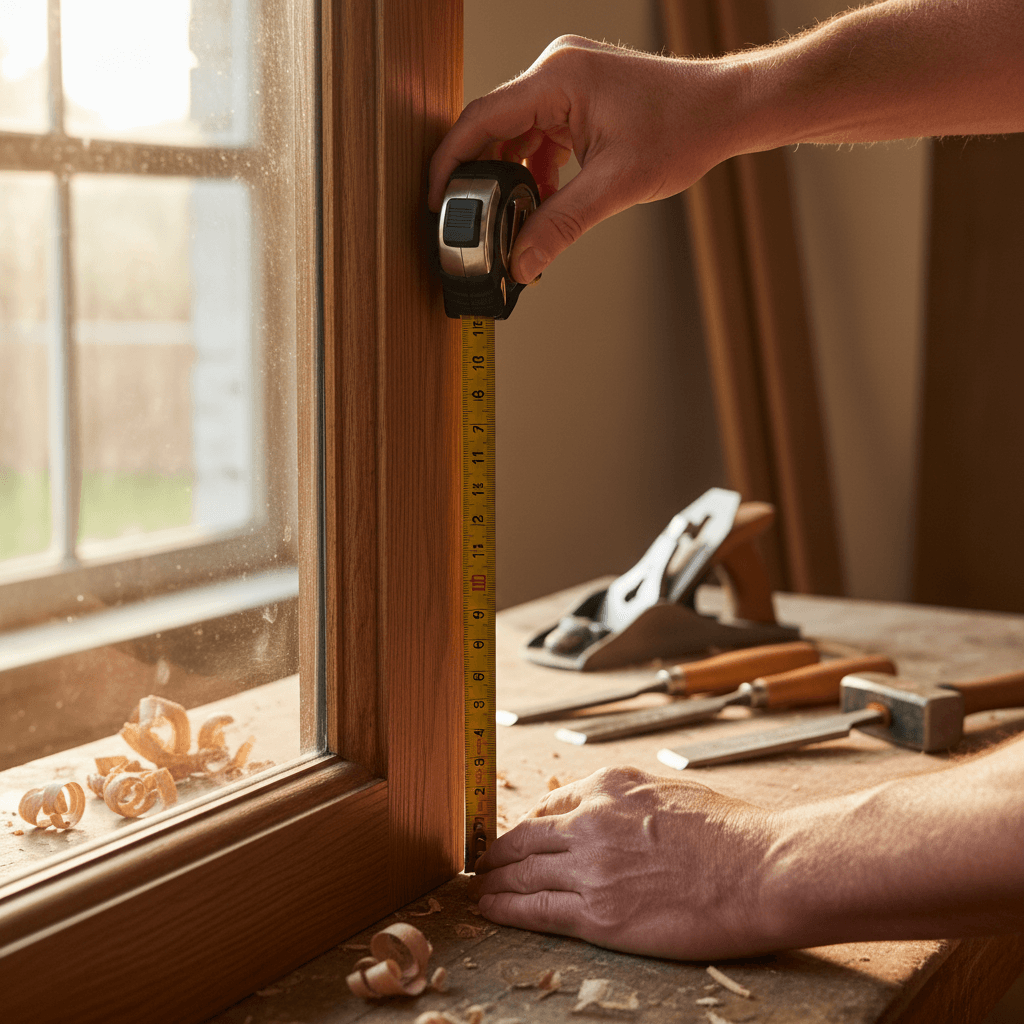 Contractor measuring and marking wood frame with precision