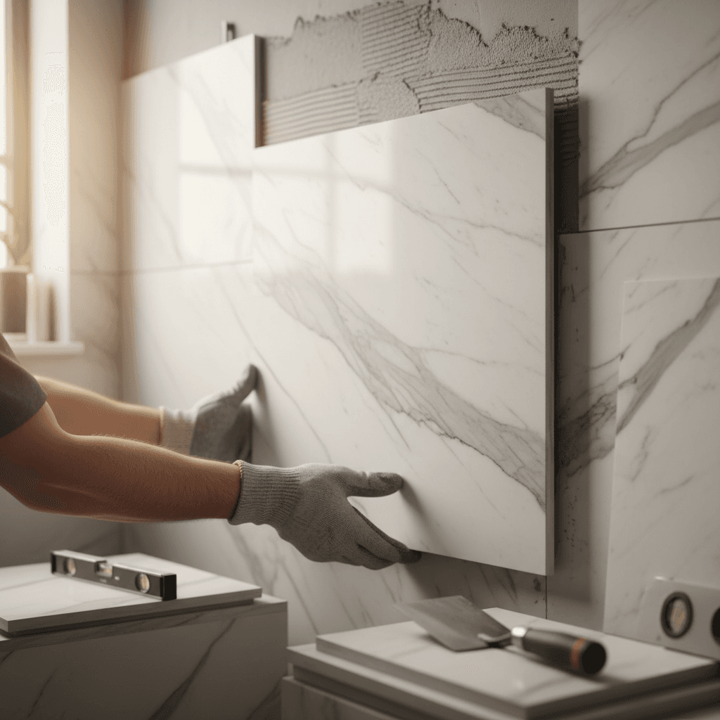 Marble tile bathroom shower installation detail
